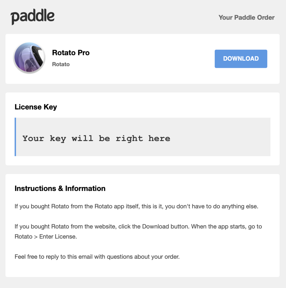 Screenshot of the confirmation email from Paddle showing where too look for the license code