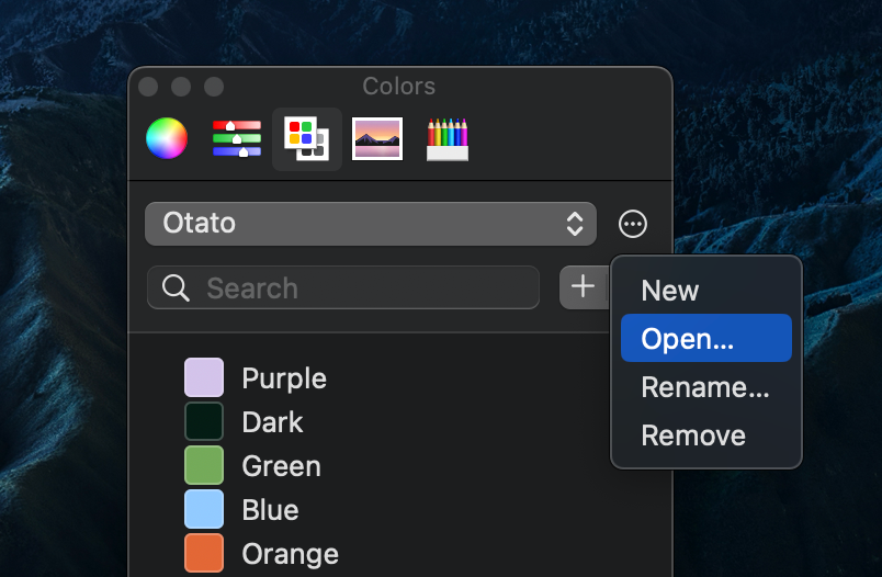 A screenshot of the Mac color picker showing the Open menu item that lets you open a CLR file